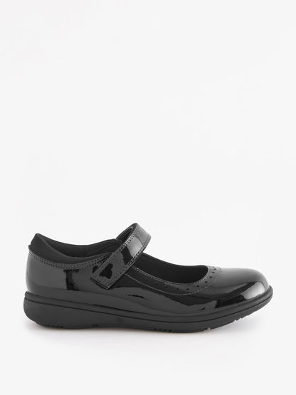 Black Patent Narrow Fit (E) School Leather Brogue Detail Mary Jane Shoes image 2