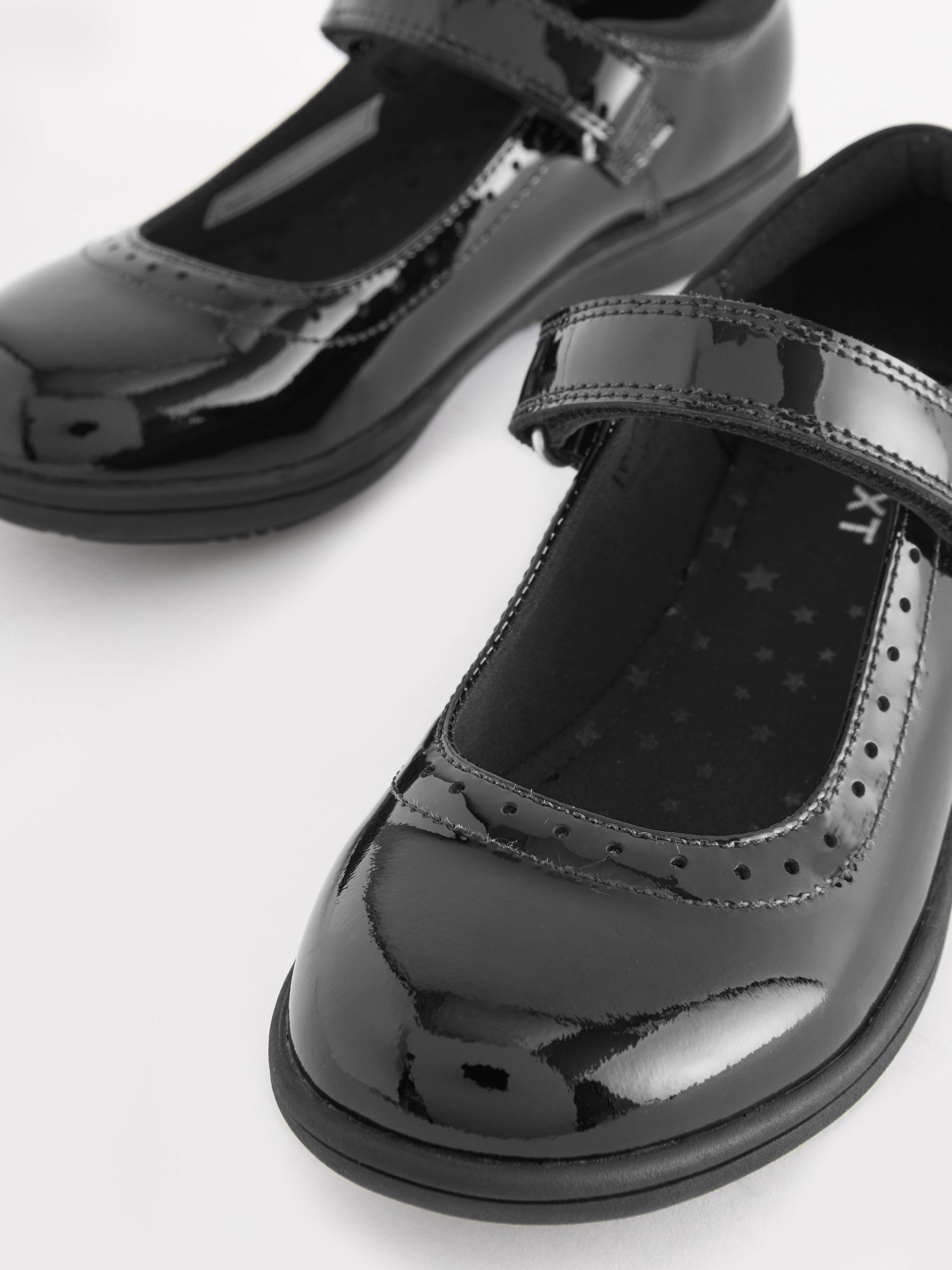 Black Patent Narrow Fit (E) School Leather Brogue Detail Mary Jane Shoes image 3