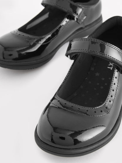Black Patent Narrow Fit (E) School Leather Brogue Detail Mary Jane Shoes image 3