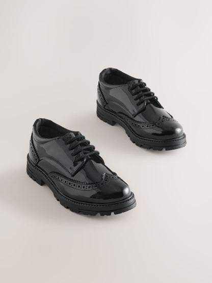 Black Patent Standard Fit (F) School Leather Chunky Lace-Up Brogues image 1