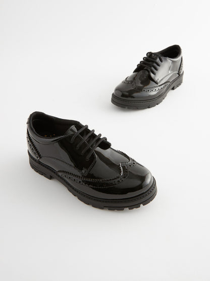 Black Patent Wide Fit (G) School Leather Chunky Lace-Up Brogues image 2