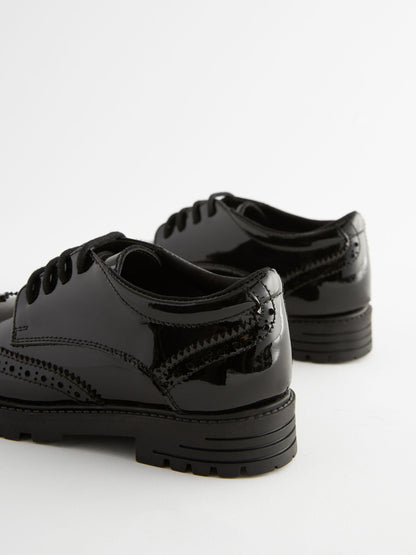 Black Patent Wide Fit (G) School Leather Chunky Lace-Up Brogues image 3
