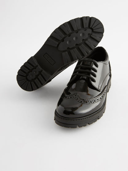 Black Patent Wide Fit (G) School Leather Chunky Lace-Up Brogues image 4