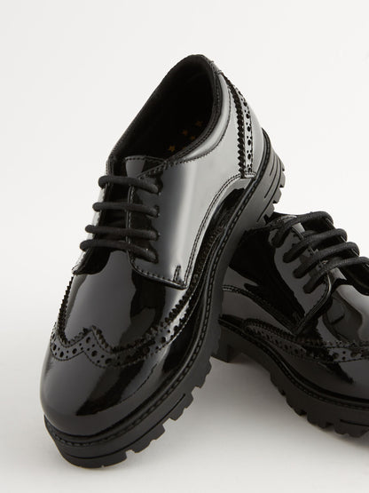 Black Patent Wide Fit (G) School Leather Chunky Lace-Up Brogues image 5