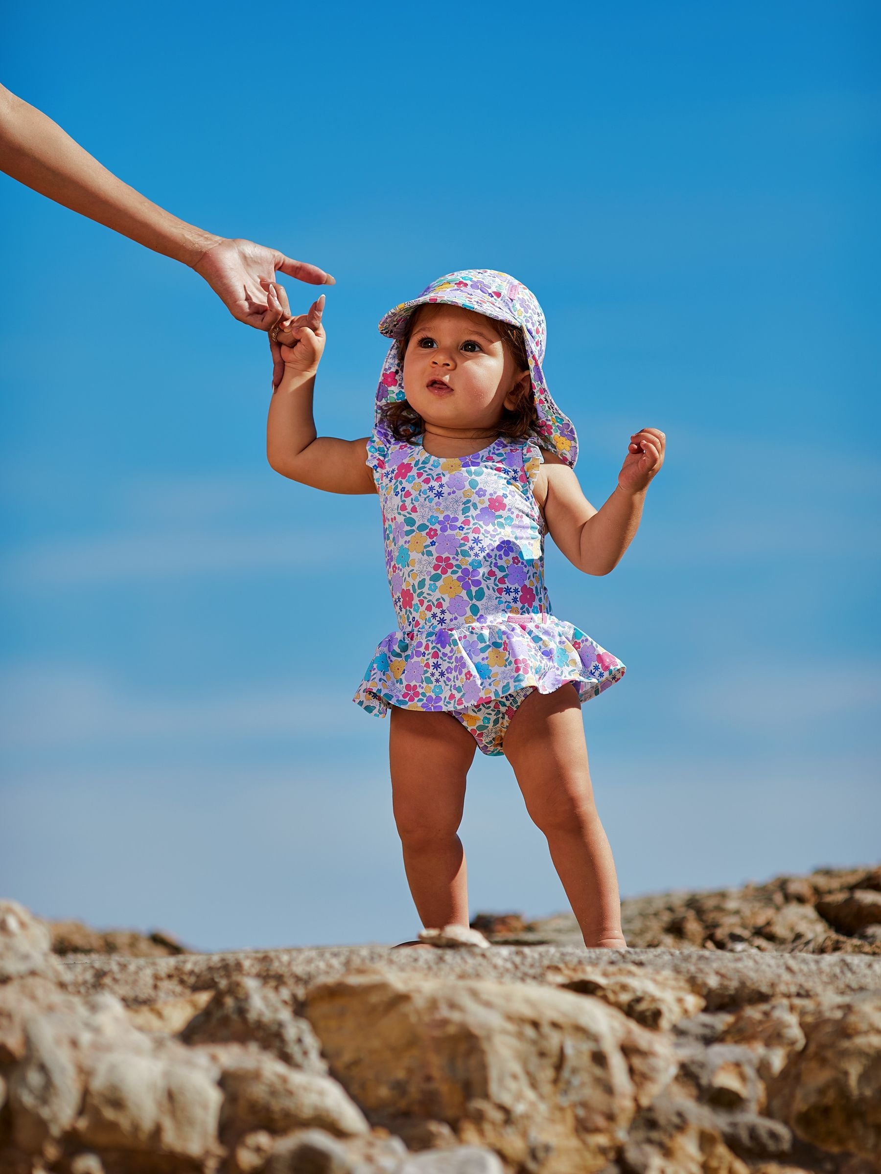 JoJo Maman Bébé Pink Pastel Floral UV Sun Protection Swim Hat image 1