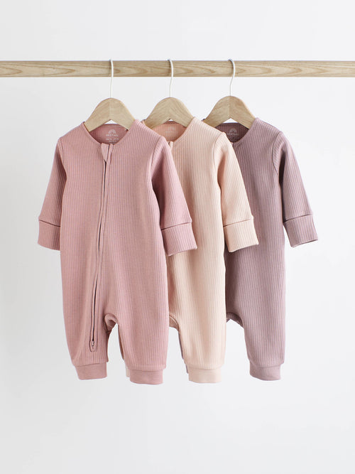 Pink 3 Pack Two Way Zip Baby Sleepsuits (0mths-3yrs) image 1