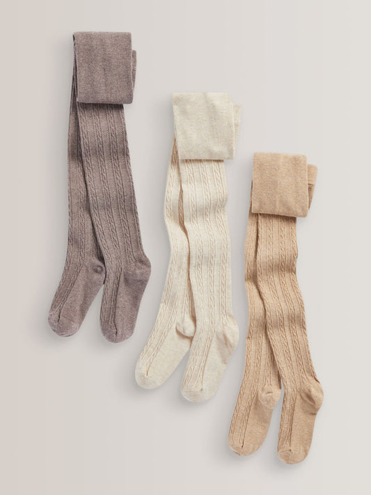 Oatmeal Cream/Brown Regular Length Cotton Rich Cable Tights 3 Pack image 1