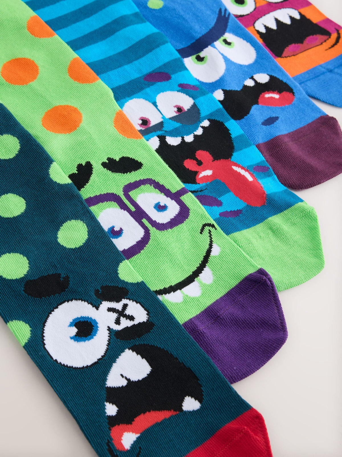 Bright Green/Blue Monster Faces Pattern Socks 5 Pack - image 7