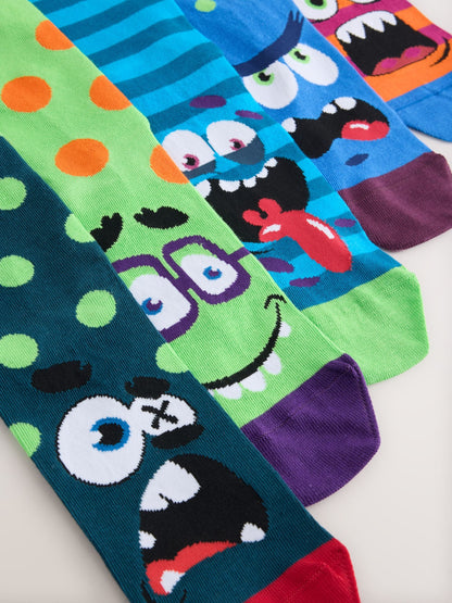 Bright Green/Blue Monster Faces Pattern Socks 5 Pack - image 7