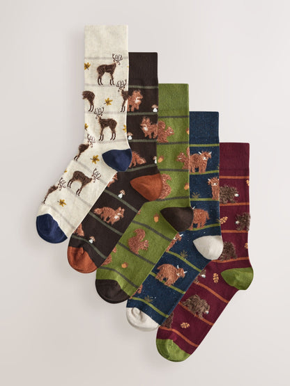 Green/ Red/ Brown Stripe Fluffy Animal Pattern Socks 5 Pack - image 1