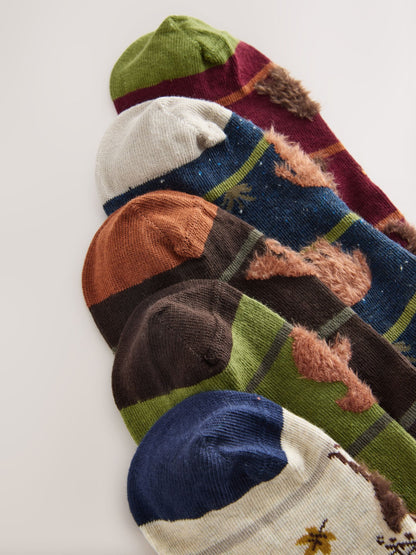 Green/ Red/ Brown Stripe Fluffy Animal Pattern Socks 5 Pack - image 3