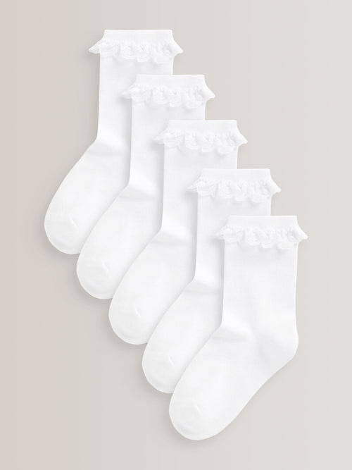White 5 Pack Cotton Rich Cushioned Sole Ruffle Ankle School Socks image 1