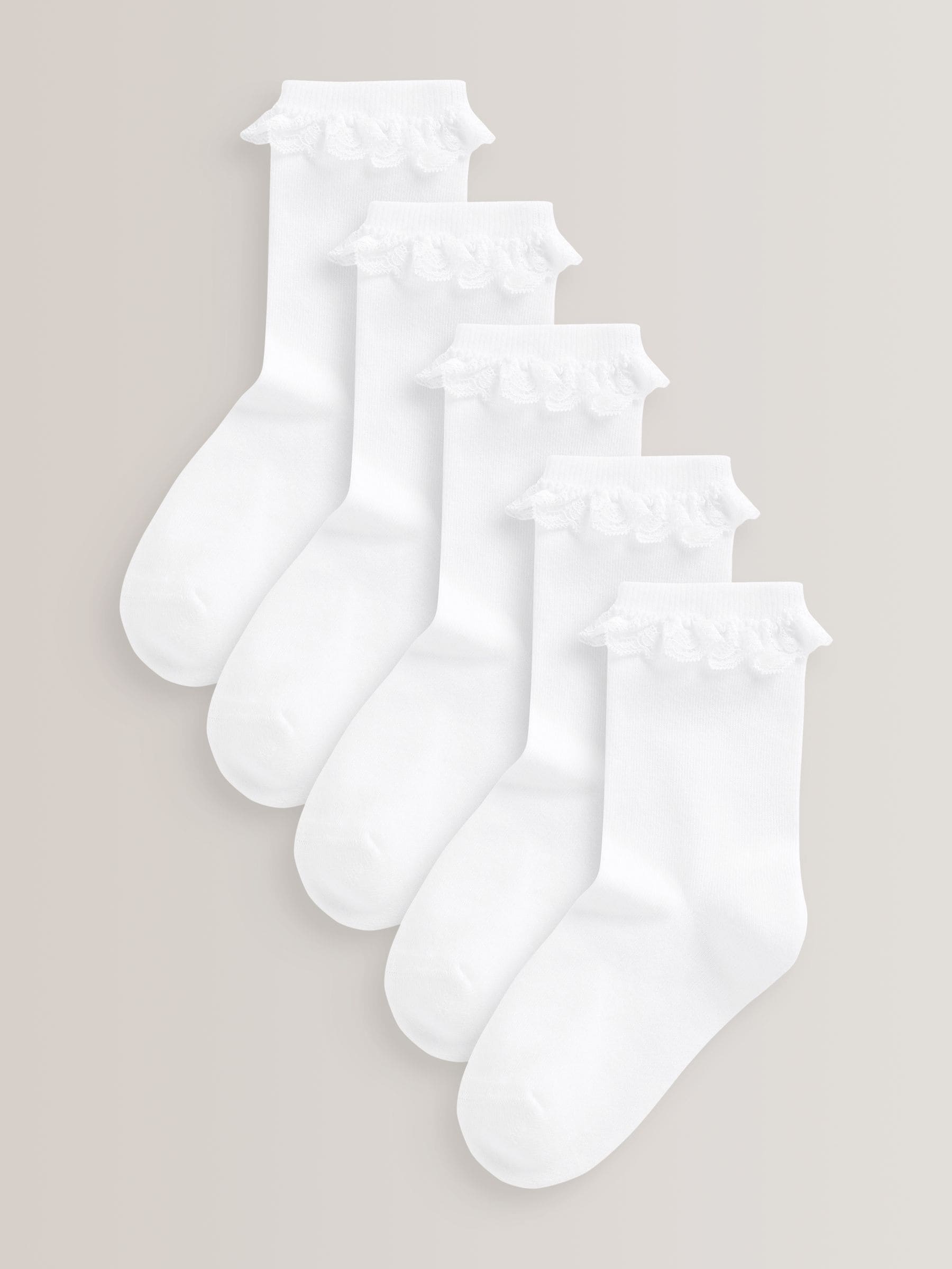 White 5 Pack Cotton Rich Cushioned Sole Ruffle Ankle School Socks image 1