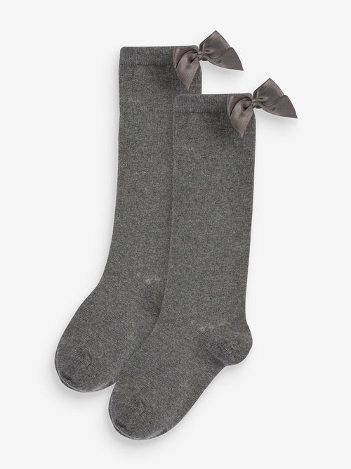 Grey 2 Pack Cotton Rich Bow Knee High Socks image 1