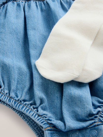 Denim Blue Baby Bloomer Rompers Set 2 Piece with Tights Immediate