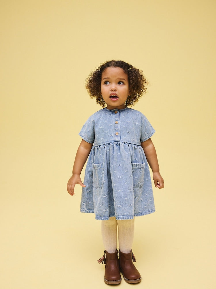 Denim Bow Short Sleeve Dress Immediate