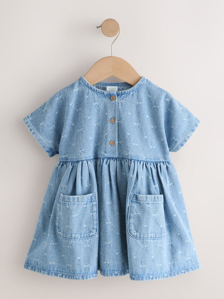 Denim Bow Short Sleeve Dress Immediate