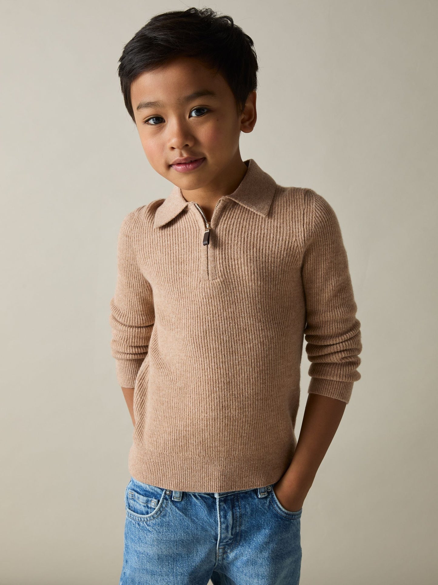 Dsiney Kidz - Reiss Soft Camel Brown Regis 3-9 yrs Wool Quarter Zip Polo Shirt image 1
