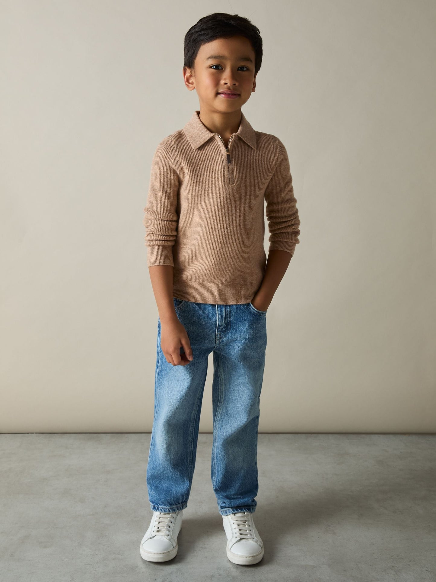 Dsiney Kidz - Reiss Soft Camel Brown Regis 3-9 yrs Wool Quarter Zip Polo Shirt image 3