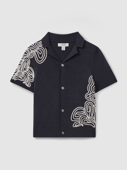 Dsiney Kidz - Reiss Navy/Off White Romance 9-13 yrs Jersey Embroidered Cuban Collar Shirt image 2