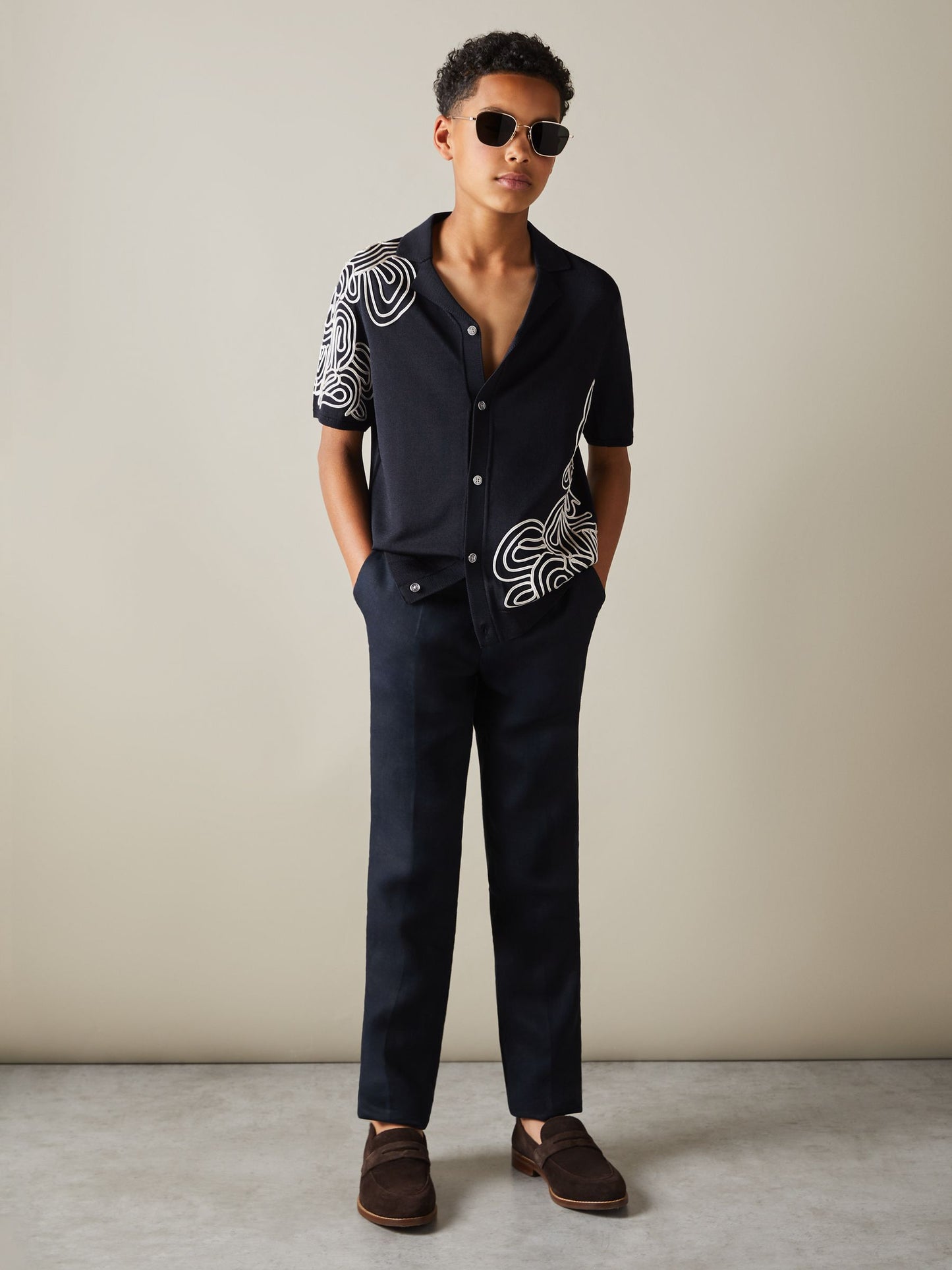 Dsiney Kidz - Reiss Navy/Off White Romance 9-13 yrs Jersey Embroidered Cuban Collar Shirt image 3