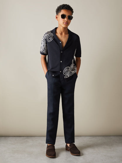 Dsiney Kidz - Reiss Navy/Off White Romance 9-13 yrs Jersey Embroidered Cuban Collar Shirt image 3