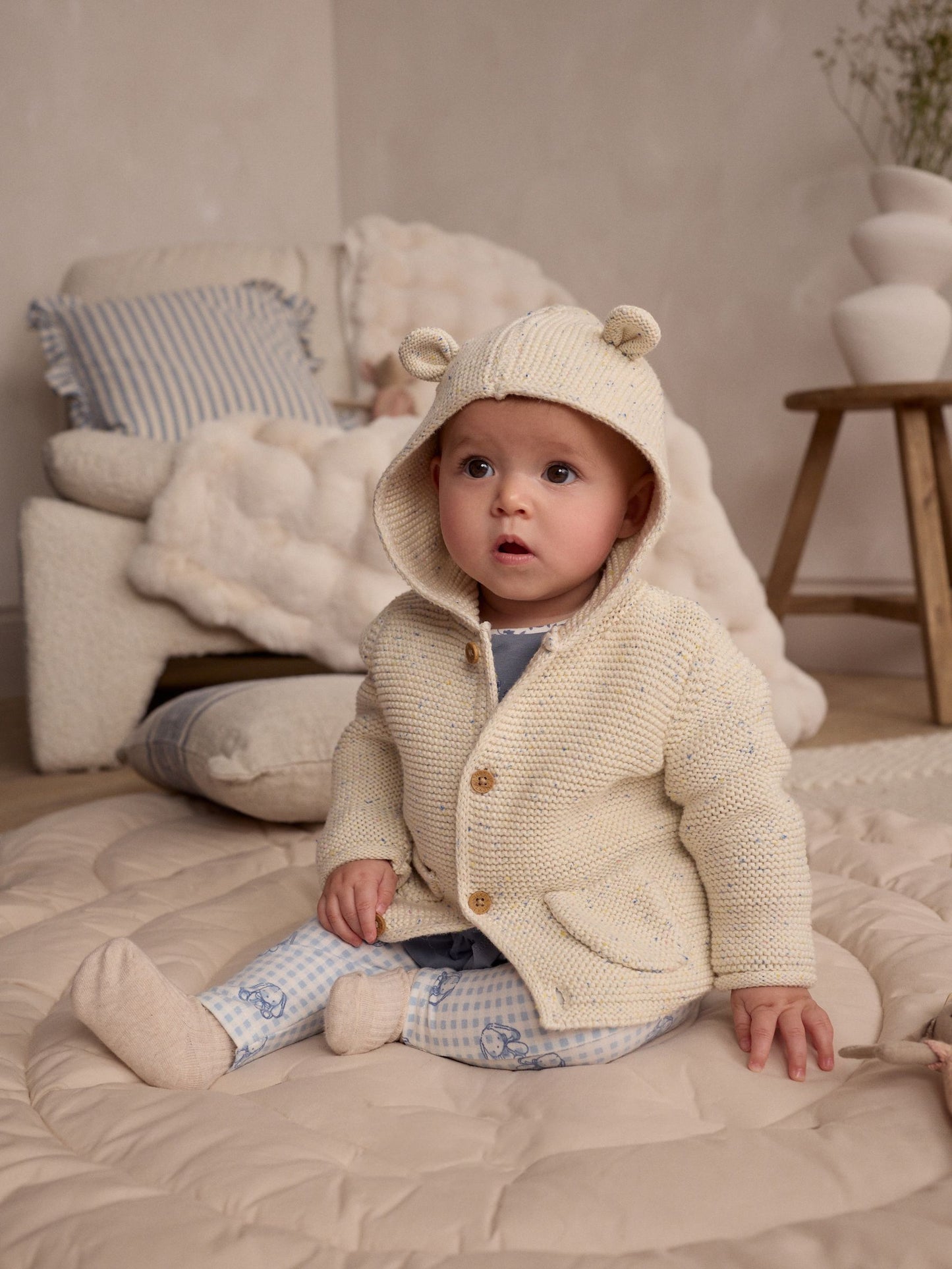 Dsiney Kidz - Ecru Neppy Knitted Hooded Baby Cardigan image 1