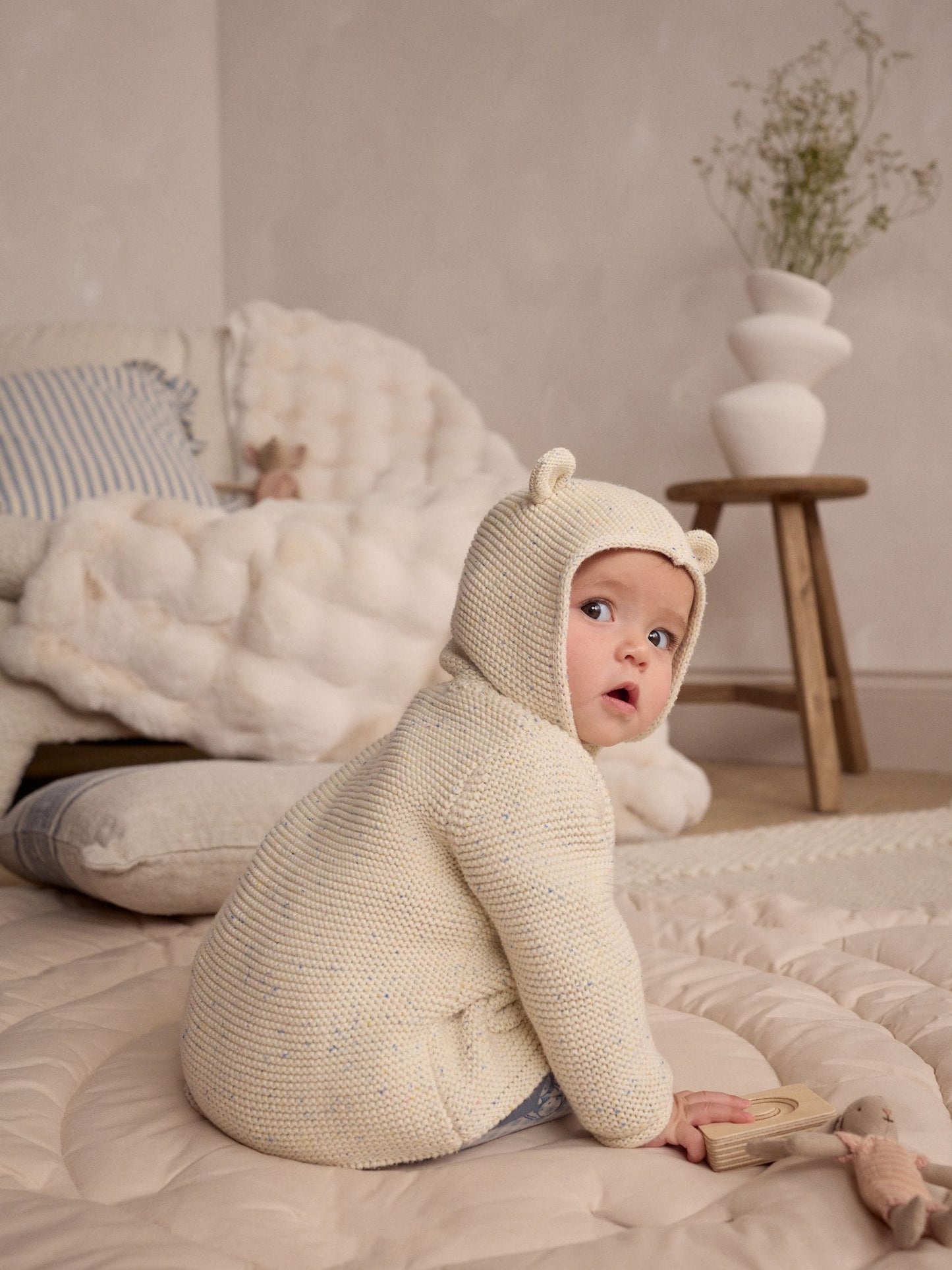 Dsiney Kidz - Ecru Neppy Knitted Hooded Baby Cardigan image 3