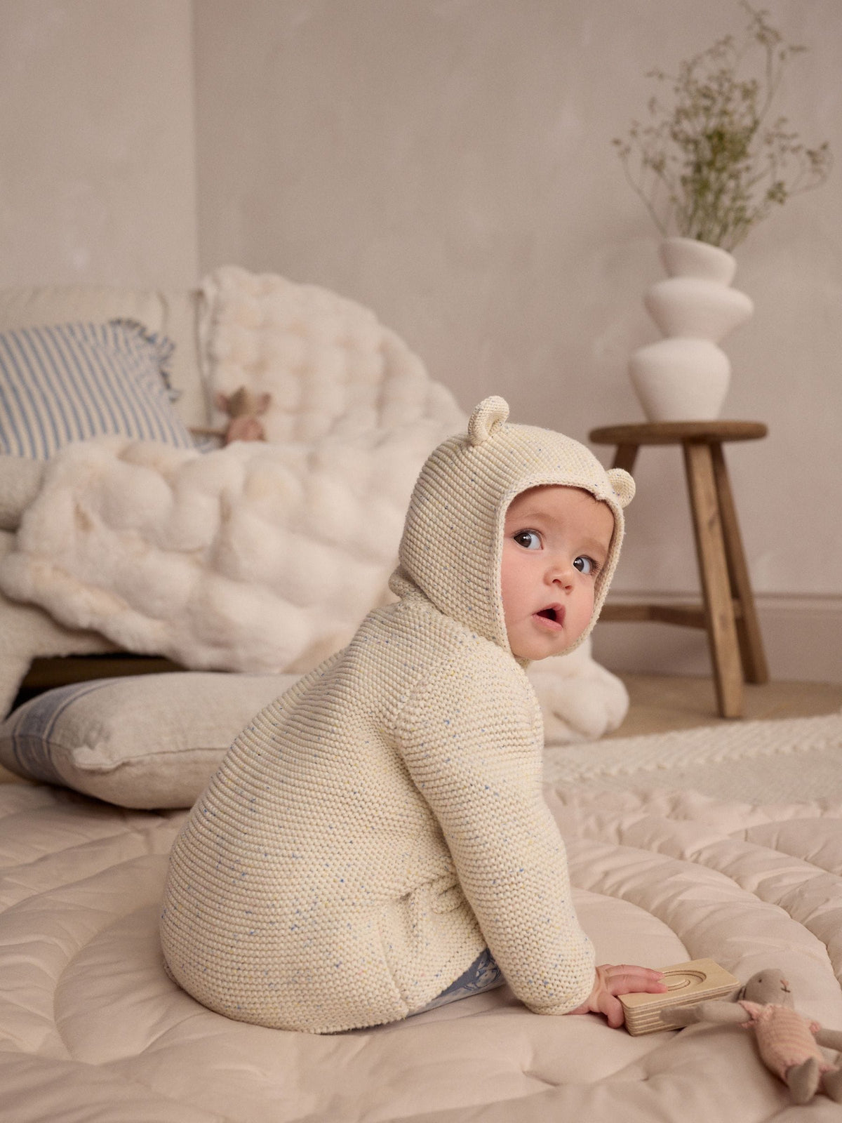 Dsiney Kidz - Ecru Neppy Knitted Hooded Baby Cardigan image 3