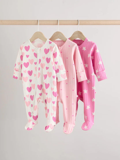 Pink 3 Pack Two Way Zip Baby Sleepsuits (0mths-2yrs)