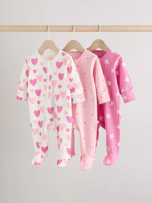 Pink 3 Pack Two Way Zip Baby Sleepsuits (0mths-2yrs)