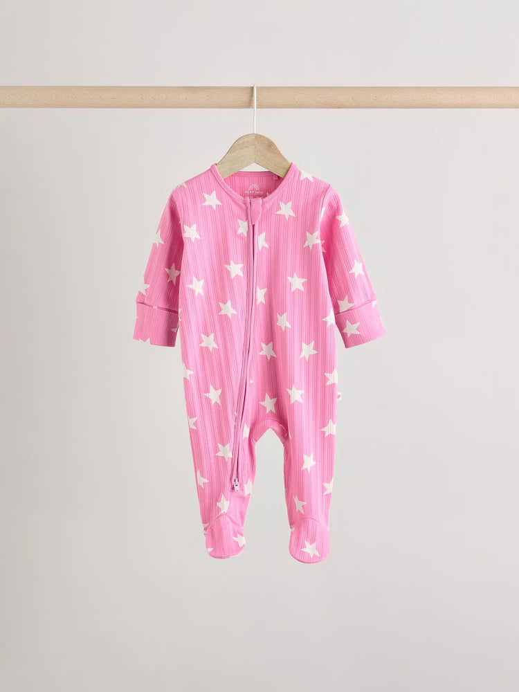 Pink 3 Pack Two Way Zip Baby Sleepsuits (0mths-2yrs)