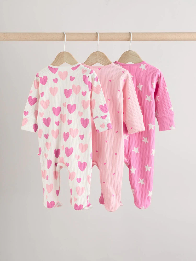 Pink 3 Pack Two Way Zip Baby Sleepsuits (0mths-2yrs)