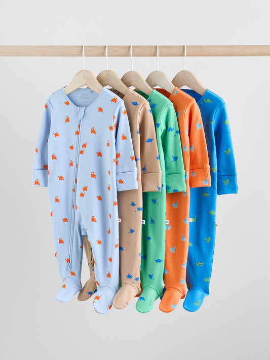 Bright 100% Cotton Two Way Zip Baby Sleepsuits 5 Pack (0mths-2yrs) image 1