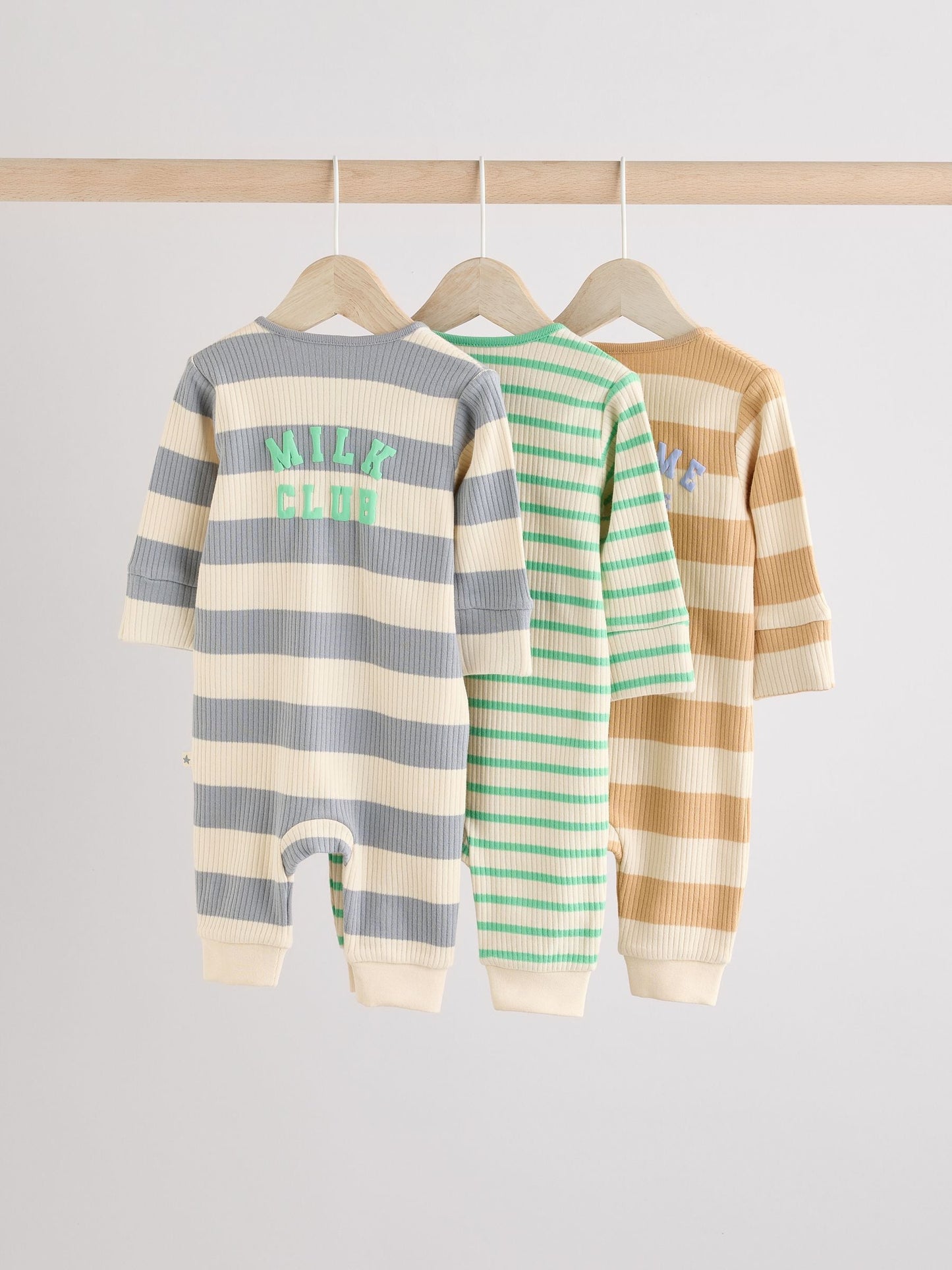 Milk Club Neutral 3 pack Baby Two Way Zip Footless Cotton Sleepsuits (0mths-3yrs)