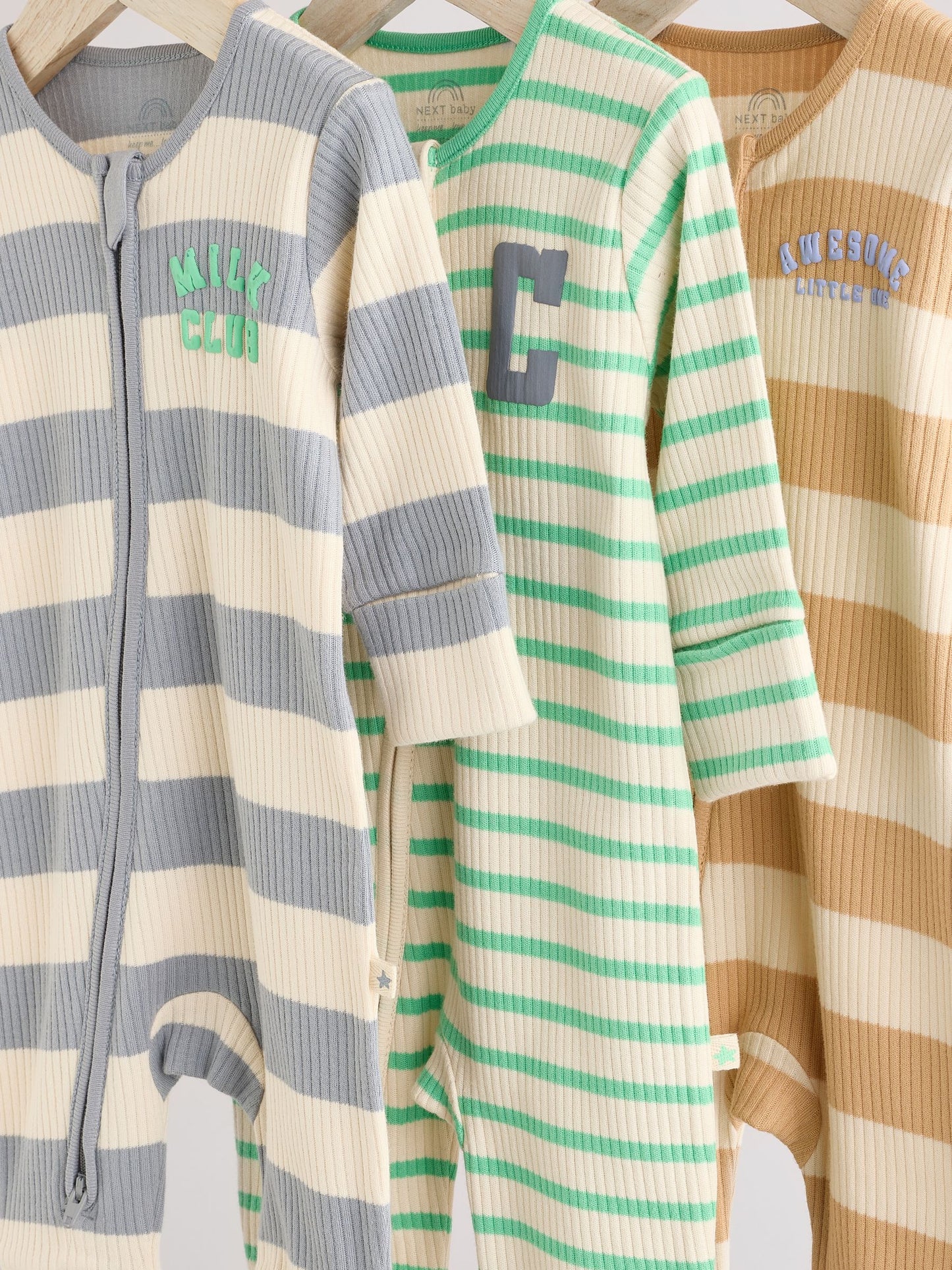 Milk Club Neutral 3 pack Baby Two Way Zip Footless Cotton Sleepsuits (0mths-3yrs)