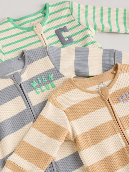 Milk Club Neutral 3 pack Baby Two Way Zip Footless Cotton Sleepsuits (0mths-3yrs)