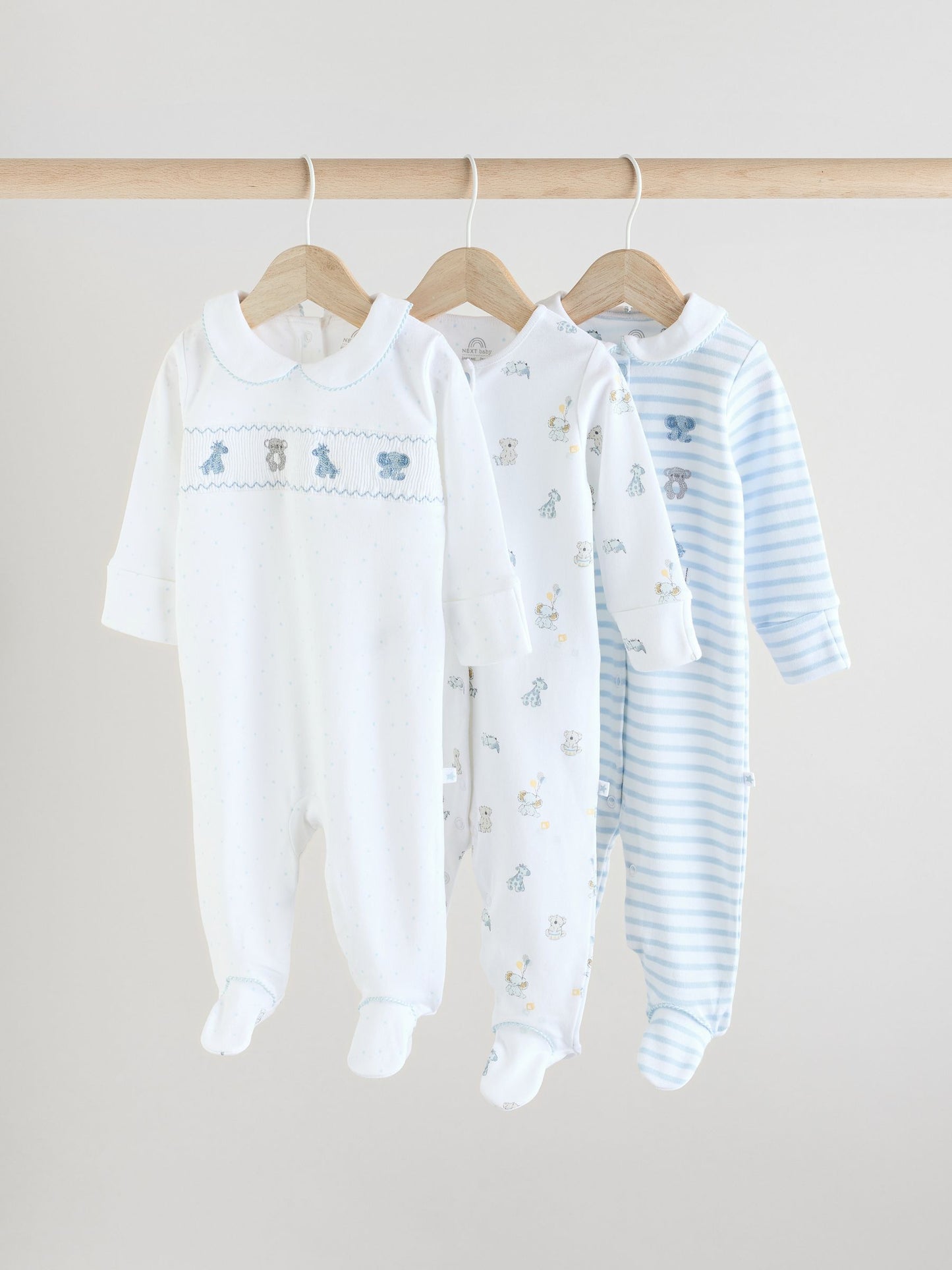 Blue/White Embroidered Baby Sleepsuits 3 Pack (0-2yrs)