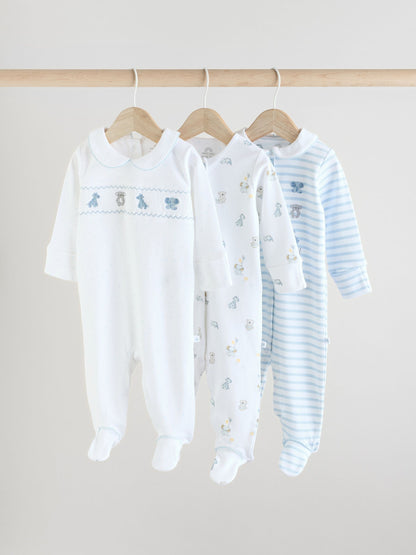Blue/White Embroidered Baby Sleepsuits 3 Pack (0-2yrs)