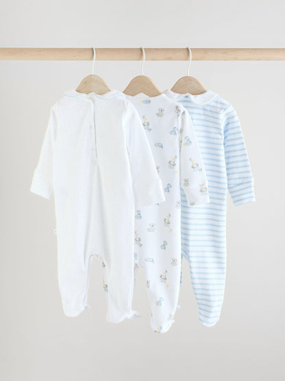 Blue/White Embroidered Baby Sleepsuits 3 Pack (0-2yrs)