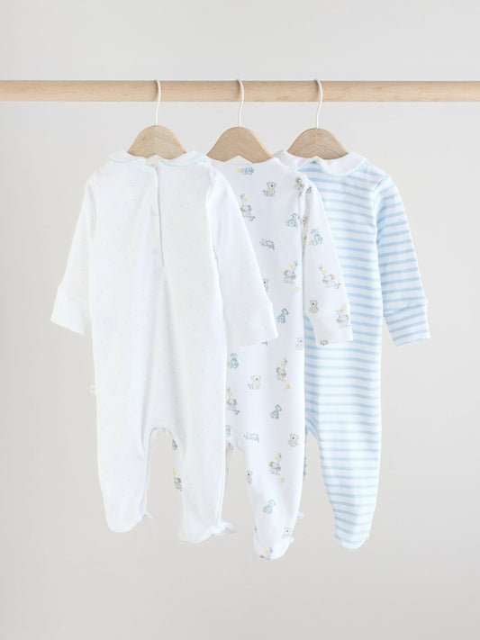Blue/White Embroidered Baby Sleepsuits 3 Pack (0-2yrs)