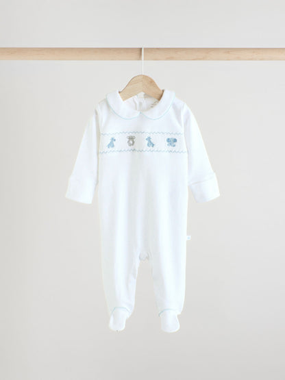 Blue/White Embroidered Baby Sleepsuits 3 Pack (0-2yrs)