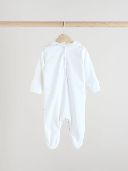 Blue/White Embroidered Baby Sleepsuits 3 Pack (0-2yrs)