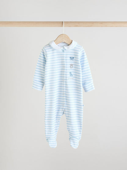 Blue/White Embroidered Baby Sleepsuits 3 Pack (0-2yrs)
