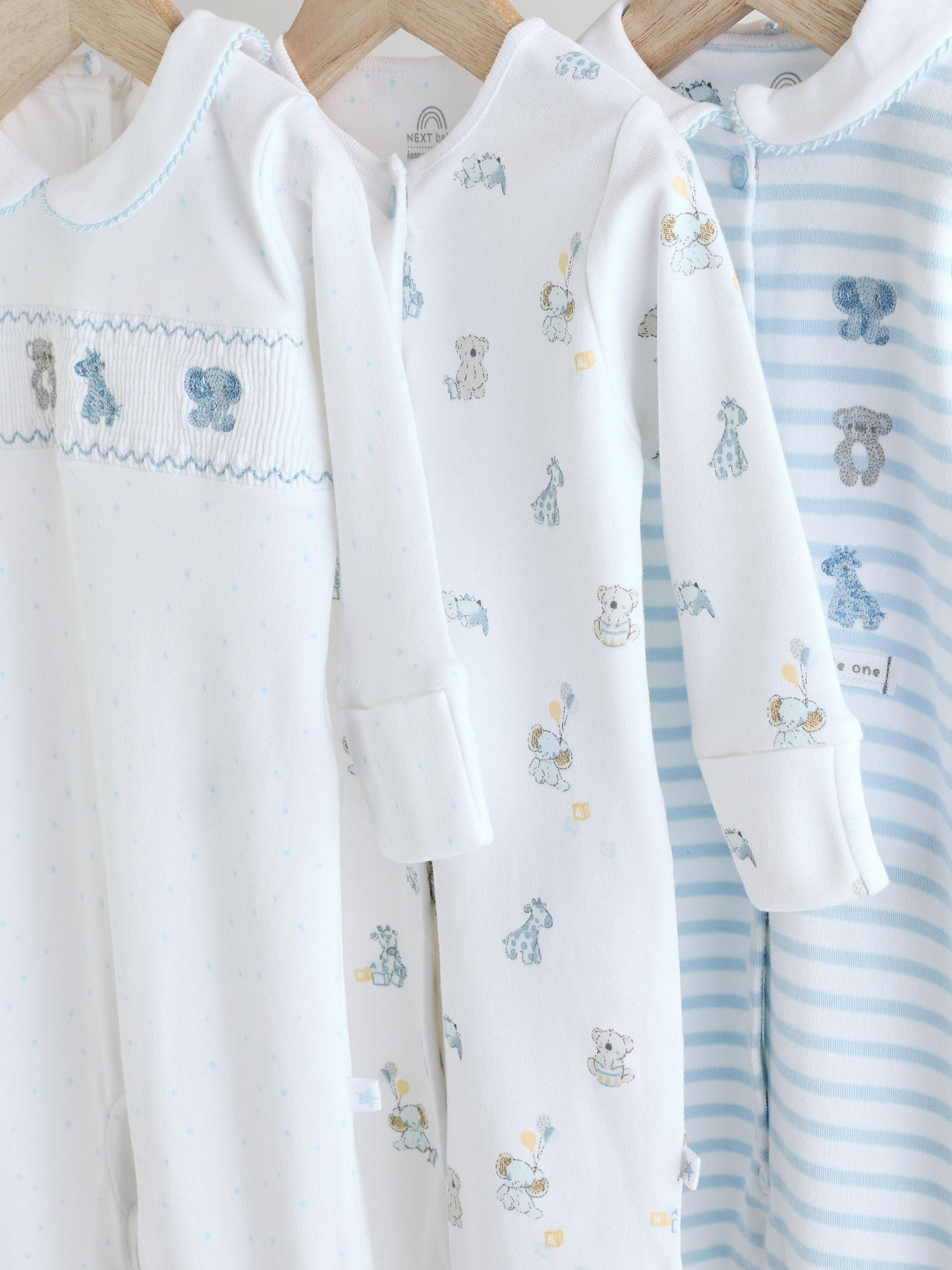 Blue/White Embroidered Baby Sleepsuits 3 Pack (0-2yrs)