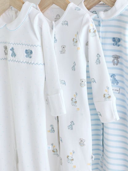 Blue/White Embroidered Baby Sleepsuits 3 Pack (0-2yrs)