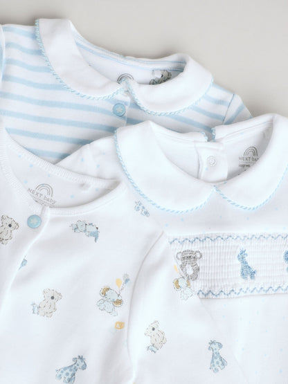 Blue/White Embroidered Baby Sleepsuits 3 Pack (0-2yrs)