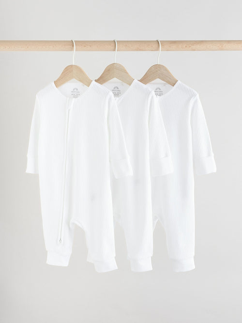 White 100% Cotton Two Way Zip Baby Footless Sleepsuits 3 Pack (0mths-2yrs) image 1