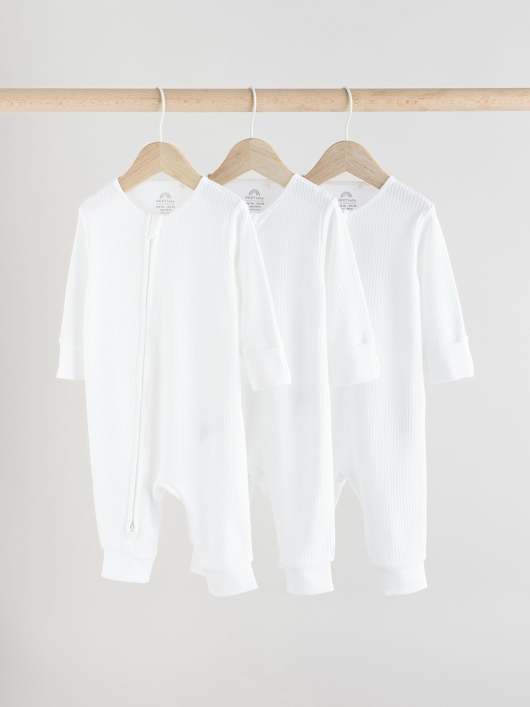 White 100% Cotton Two Way Zip Baby Footless Sleepsuits 3 Pack (0mths-2yrs) image 1