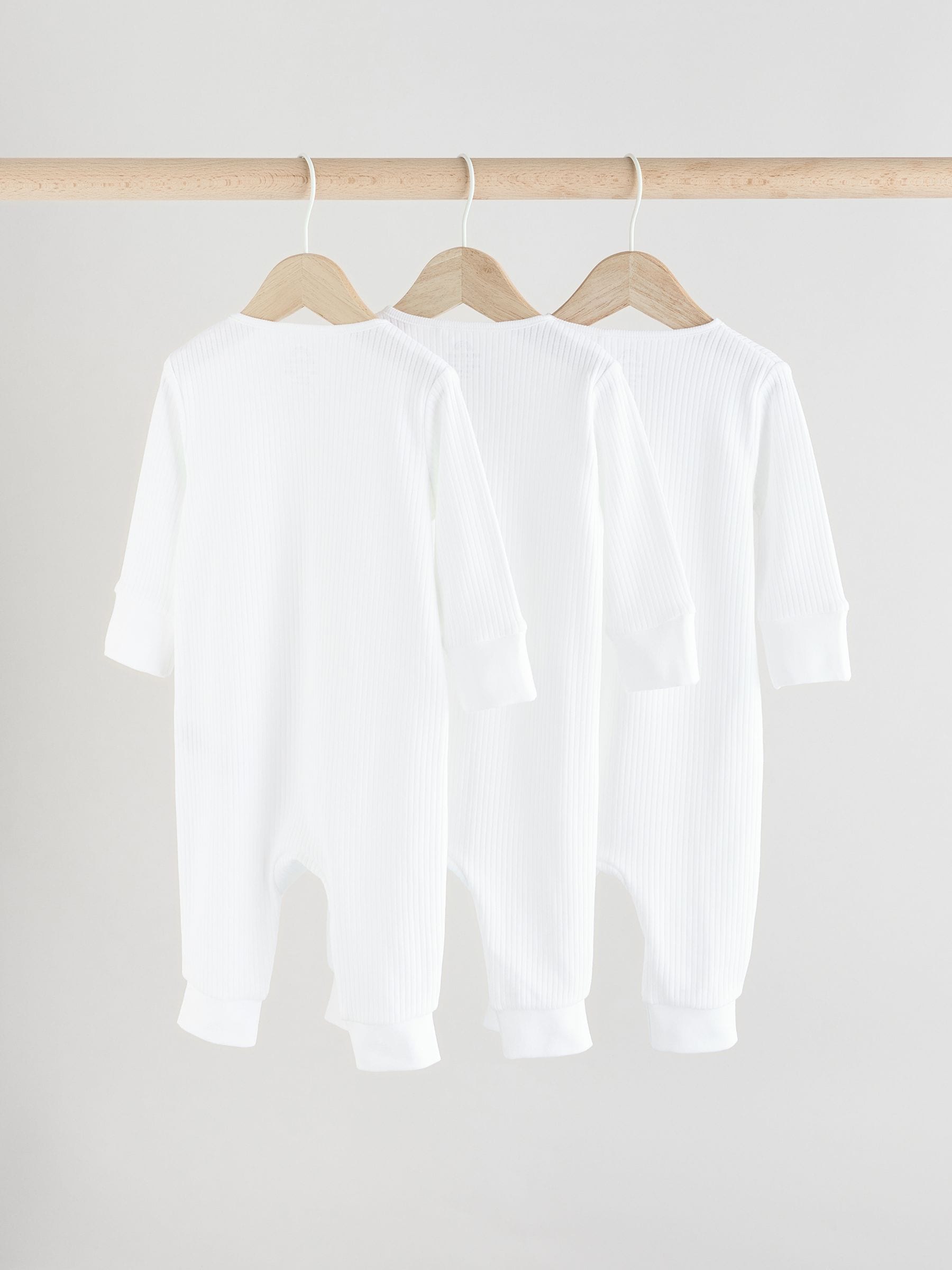 White 100% Cotton Two Way Zip Baby Footless Sleepsuits 3 Pack (0mths-2yrs) image 3